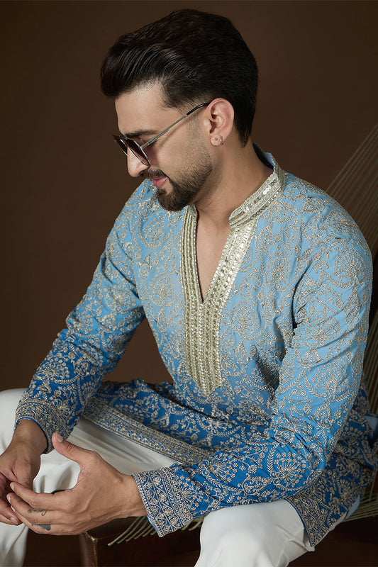 Ethnic Bay Blue Georgette Ethnic Motifs Embroidered Mandarin Collar Kurta With Trouser MKSET2586