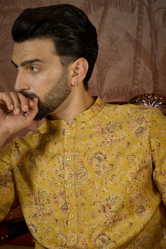 Ethnic Bay Mens Mustard Silk Blend Ethnic Motifs Printed Kurta MKU2559