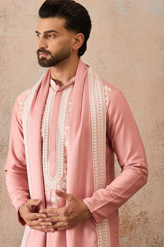 Ethnic Bay Mens Peach Silk Blend Solid Embroidered Kurta Trouser With Dupatta MKPD1041