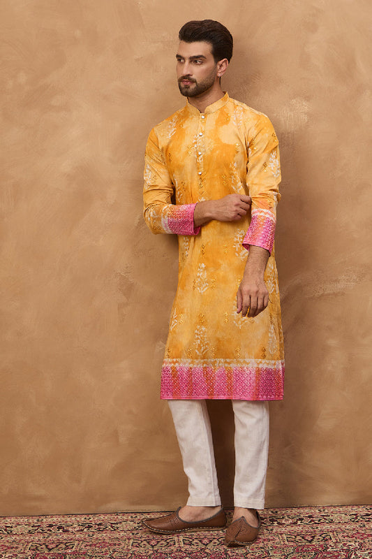 Yellow Silk Blend Batik Embroidered Straight Kurta MKU1513