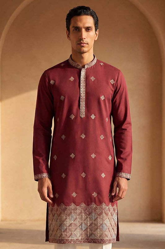 Ethnic Bay Silk Blend Maroon Solid Embroidered Calf Length Straight Kurta MKU2100