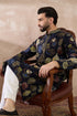 Navy Blue Silk Blend Printed Mandarin Collar Straight Kurta With Trouser MKSET1961
