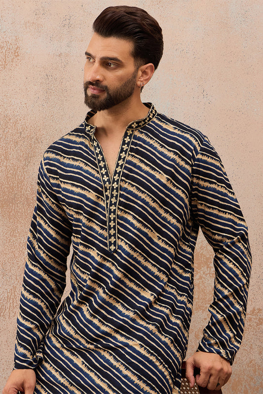 Ethnic Bay Mens Blue Viscose Rayon Leheriya Printed Kurta MKU2759