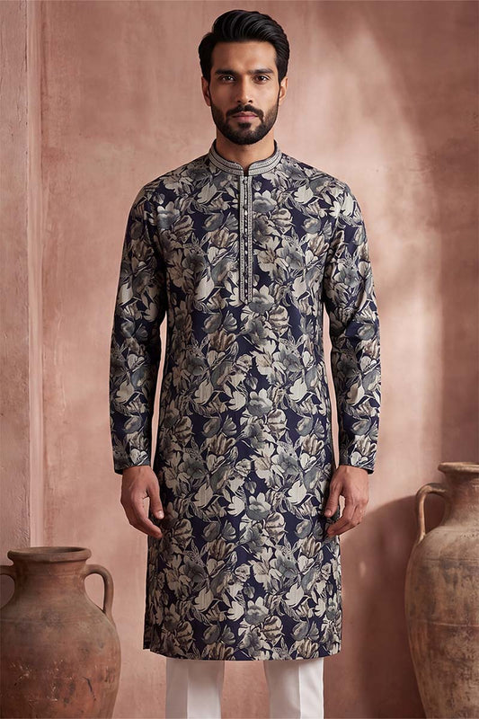 Ethnic Bay Mens Blue Viscose Rayon Floral Printed Kurta MKU1982