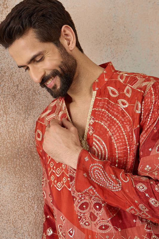 Ethnic Bay Mens Orange Modal Ethnic Motifs Printed Kurta With Trouser MKSET2457
