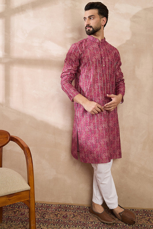 Pink Silk Blend Ethnic Motifs Printed Straight Kurta With Trouser MKSET1997