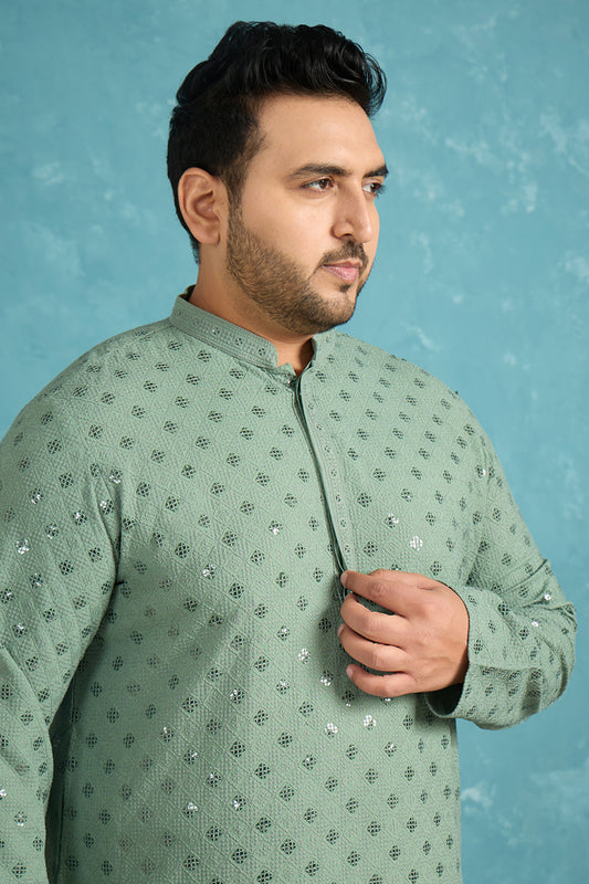 Ethnic Bay Mens Green Viscose Rayon Solid Chikankari Embroidered Kurta MKU1050