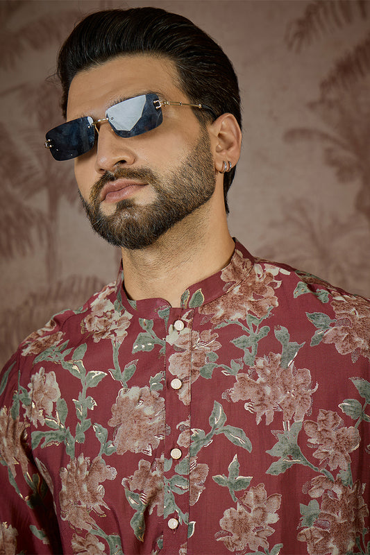 Ethnic Bay Mens Maroon Silk Blend Floral Printed Kurta MKU2541