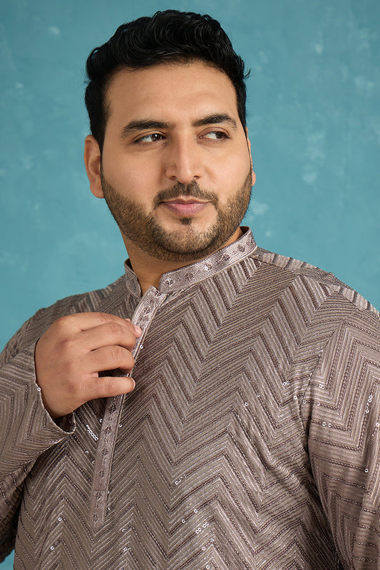 Ethnic Bay Mens Grey Viscose Rayon Solid Thread Work Embroidered Kurta MKU1202