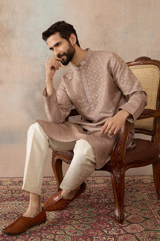Ethnic Bay Mens Taupe Jacquard Ethnic Motifs Embroidered Kurta MKU2324