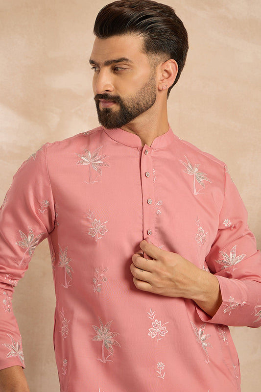 Pink Cotton Solid Embroidered Straight Kurta MKU1677