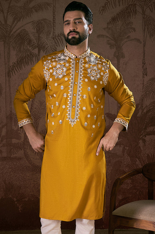 Mustard Silk Blend Solid Embroidered Straight Kurta MKU1796