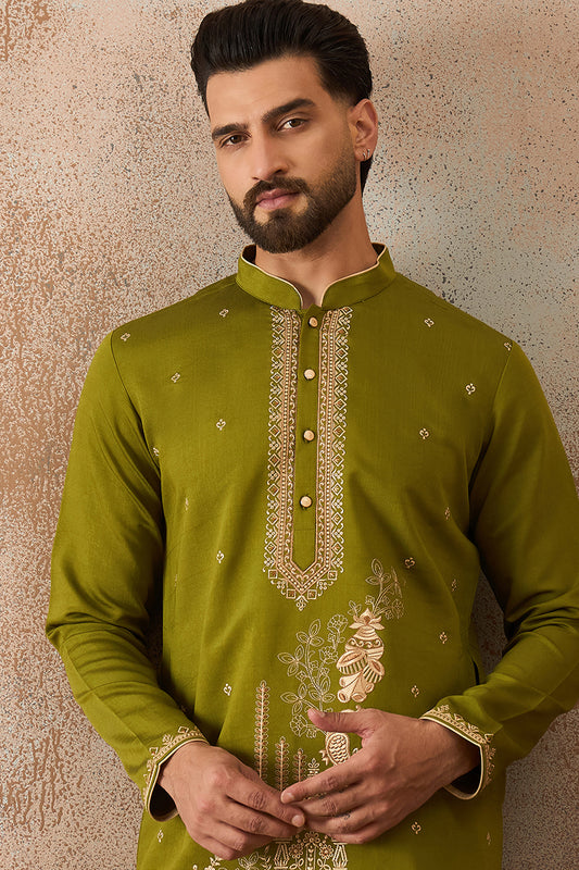 Ethnic Bay Mens Green Viscose Rayon Solid Emboidered Straight Kurta With Trouser MKSET2208