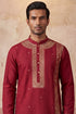 Ethnic Bay Mens Red Silk Blend Solid Emboidered Straight Kurta MKU2314