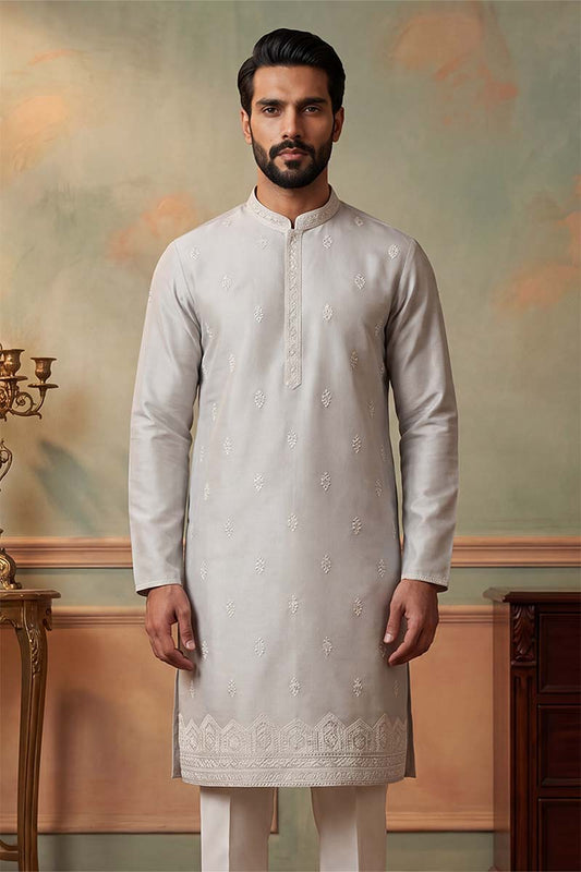 Ethnic Bay Silk Blend Silver Solid Embroidered Calf Length Straight Kurta With Trousers MKSET2273