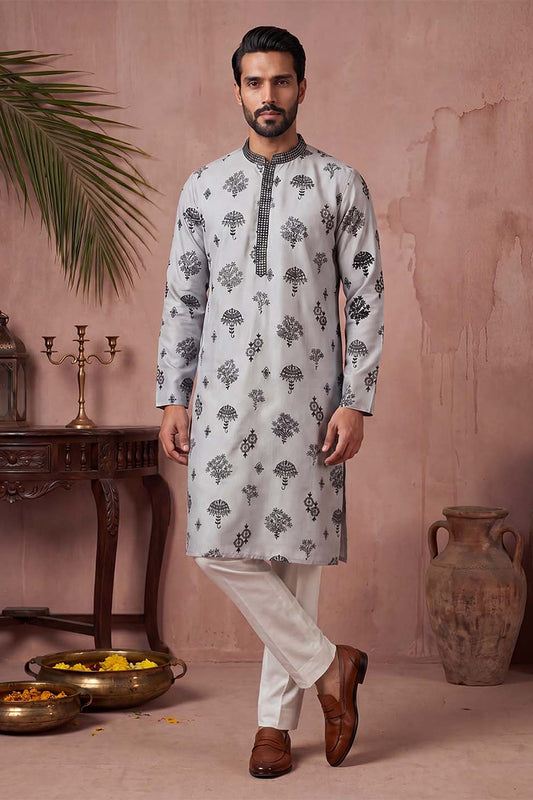 Ethnic Bay Mens Silk Blend Embroidered Solid Blue Kurta MKU1805