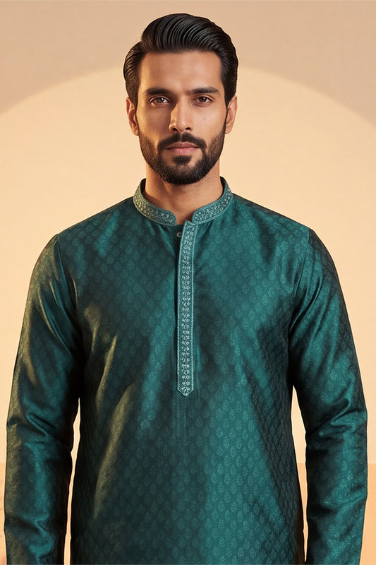 Ethnic Bay Mens Teal Silk Blend Woven Design Straight Kurta MKU1838