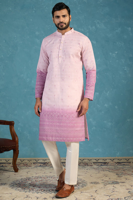 Ethnic Bay Mens Pink Silk Blend Woven Design Calf Length Straight Regular Kurta MKU2347