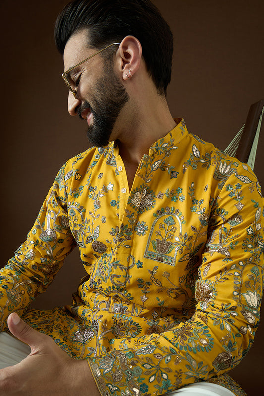 Yellow Georgette Solid Embroidered Straight Kurta Sets MKSET1873