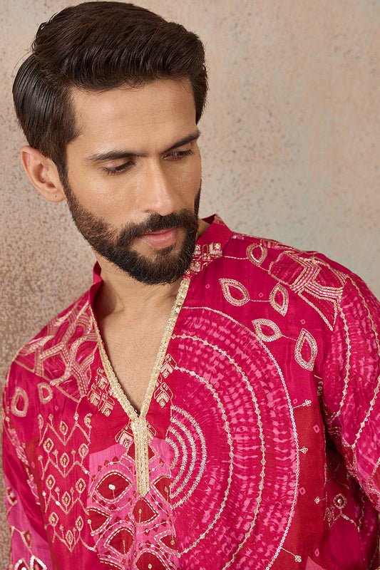 Ethnic Bay Mens Pink Silk Blend Ethnic Motifs Embroidered Kurta MKU2453