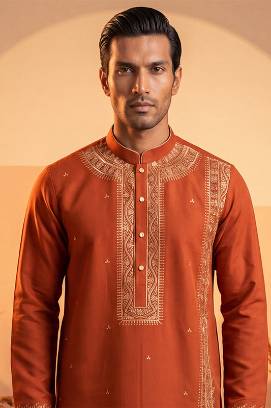 Ethnic Bay Mens Orange Silk Blend Solid Emboidered Straight Kurta With Trouser MKSET2371
