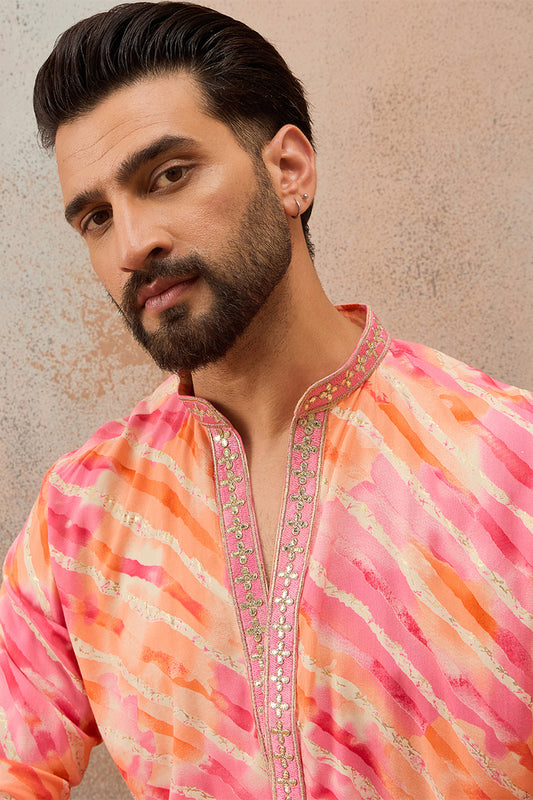 Ethnic Bay Mens Pink Viscose Rayon Leheriya Printed Kurta MKU2754