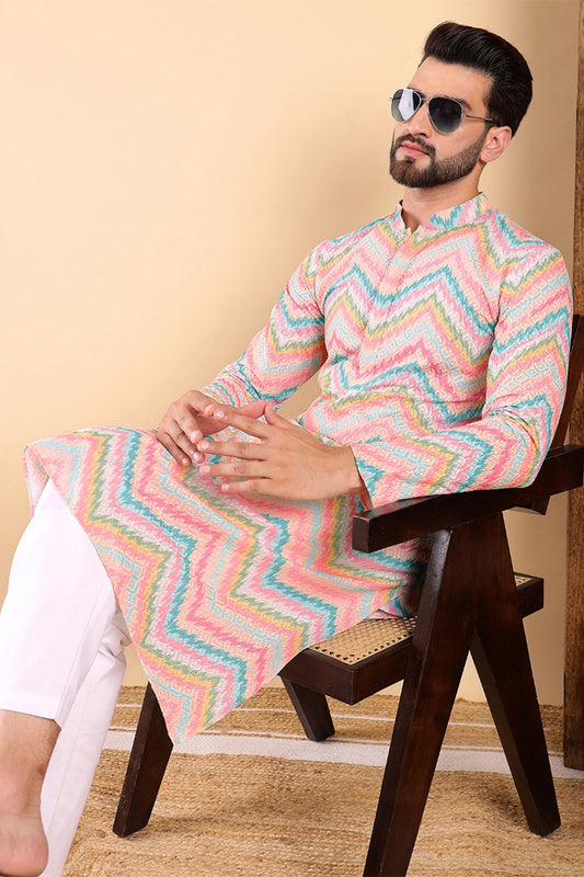 Ethnic Bay Teal Viscose Rayon Chevron Embroidered Straight Kurta For Men MKU1008TIL