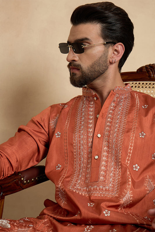 Ethnic Bay Mens Orange Silk Blend Solid Embroidered Straight Kurta MKU2524