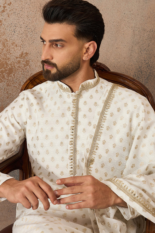Ethnic Bay Men White Jacquard Woven Design Floral Straight Kurta Sets MKPD1049