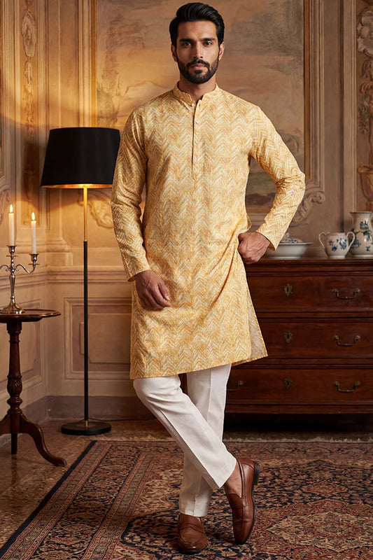 Ethnic Bay Yellow  Linen Printed Straight Kurta MKU2066