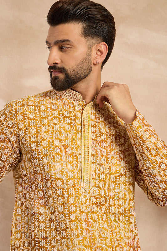 Yellow Viscose Rayon Batik Embroidered Straight Kurta MKU1656