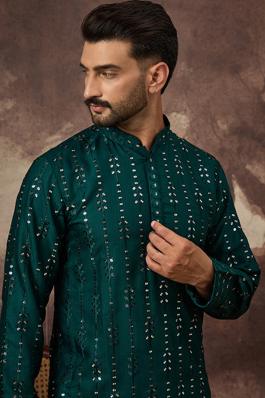 Teal Silk Blend Solid Embroidered Straight Kurta With Pant Set MKSET1357