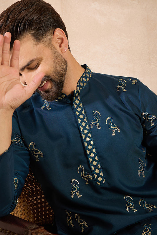 Navy Blue Silk Blend Solid Embroidered Straight Kurta With Trouser MKSET1816