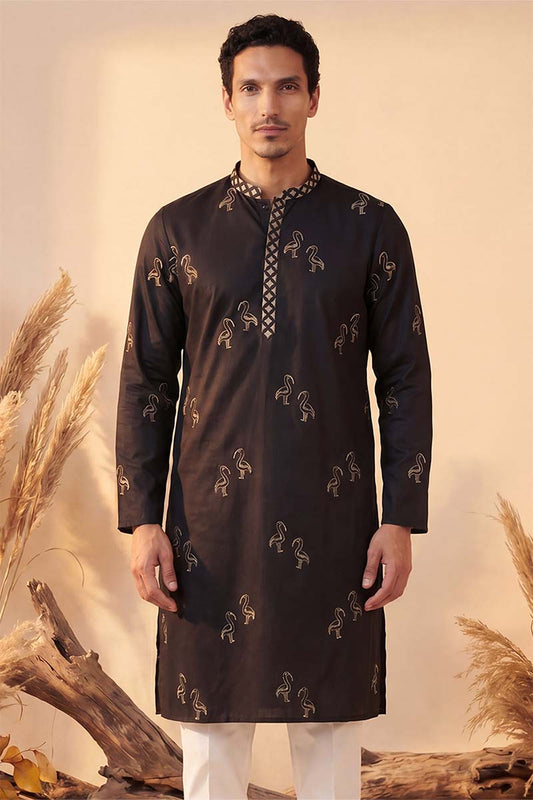 Ethnic Bay Mens Black Silk Blend Solid Embroidered Kurta MKU1817