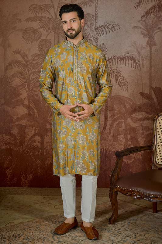 Ethnic Bay Men Mustard Silk Blend Floral Embroidered Kurta With Trouser MKSET2505