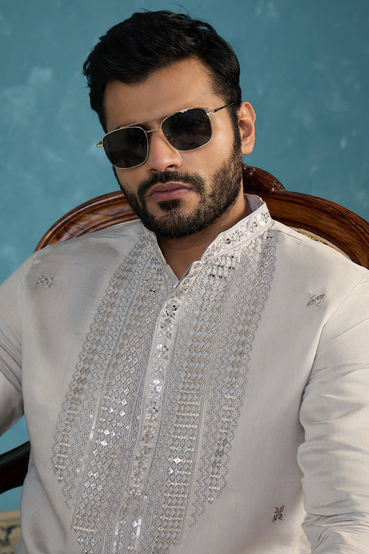 Ethnic Bay Mens Grey Silk Blend Solid Emboidered Sequins Kurta With Trouser MKSET2280