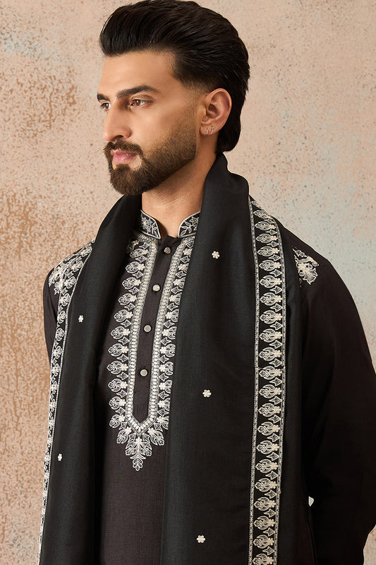 Ethnic Bay Mens Black Silk Blend Solid Embroidered Kurta With Dupatta MKUD1012