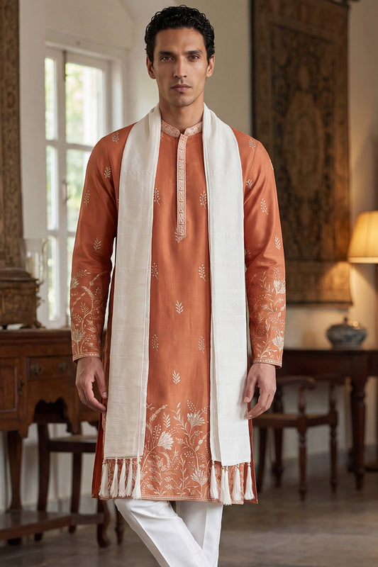 Ethnic Bay Men Peach Vartican Solid Embroidered Straight Kurta Sets MKUD1935