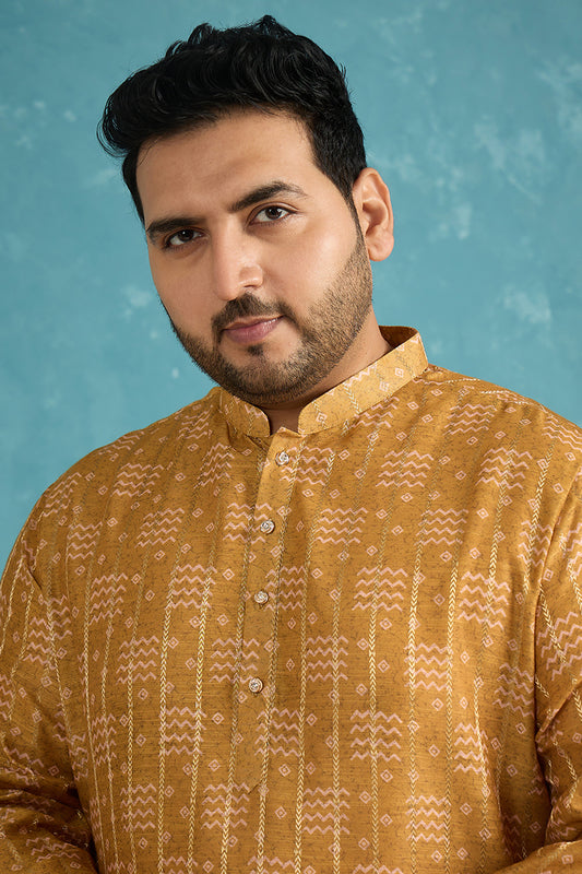 Ethnic Bay Mens Mustard Silk Blend Ethnic Motifs  Zari Printed Kurta MKU1926
