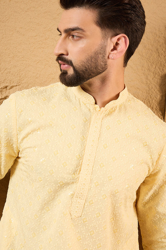 Yellow Rayon Blend Solid Embroidered Straight Kurta