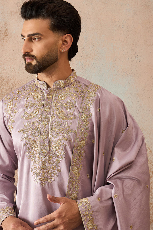 Ethnic Bay Men Lavender Zari Embroidered Silk Blend Kurta with Trousers & Dupatta MKPD1047