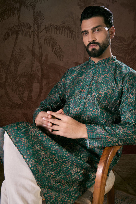 Sea Green Silk Blend Ethnic Motifs Printed Straight Kurta With Trouser MKSET1927