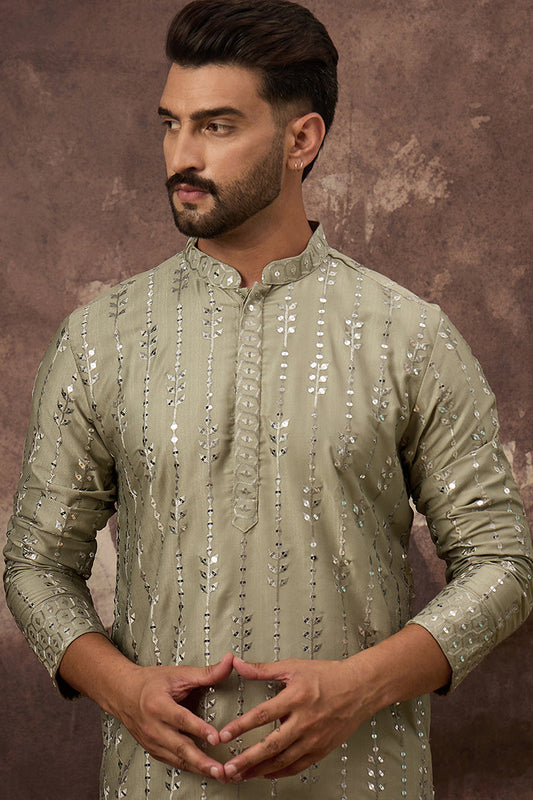 Green Silk Blend Solid Embroidered Straight Kurta With Pant Set MKSET1356