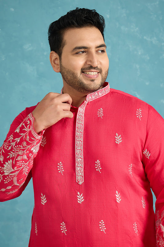 Ethnic Bay Mens Pink Silk Blend Solid Thread Work Embroidered Kurta MKU1943