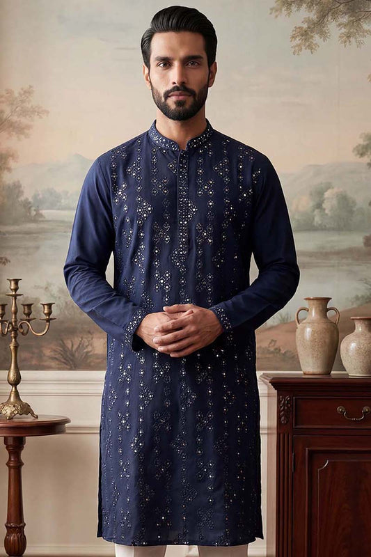 Ethnic Bay Mens Blue Silk Blend Solid Embroidered Kurta MKU2075