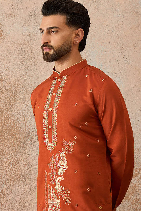 Ethnic Bay Mens Brown Viscose Rayon Solid Emboidered Straight Kurta MKU2206