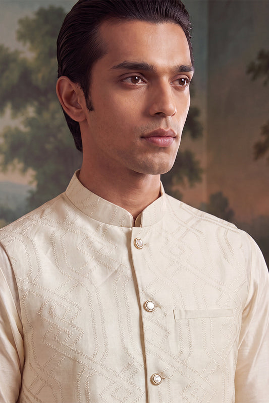 Ethnic Bay Mens Off White Jacquard Woven Design Solid Koti MKOT1042