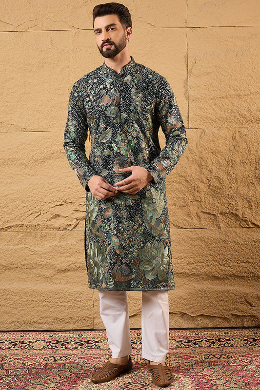 Green Georgette Solid Embroidered Straight Kurta with Trouser MKSET1133