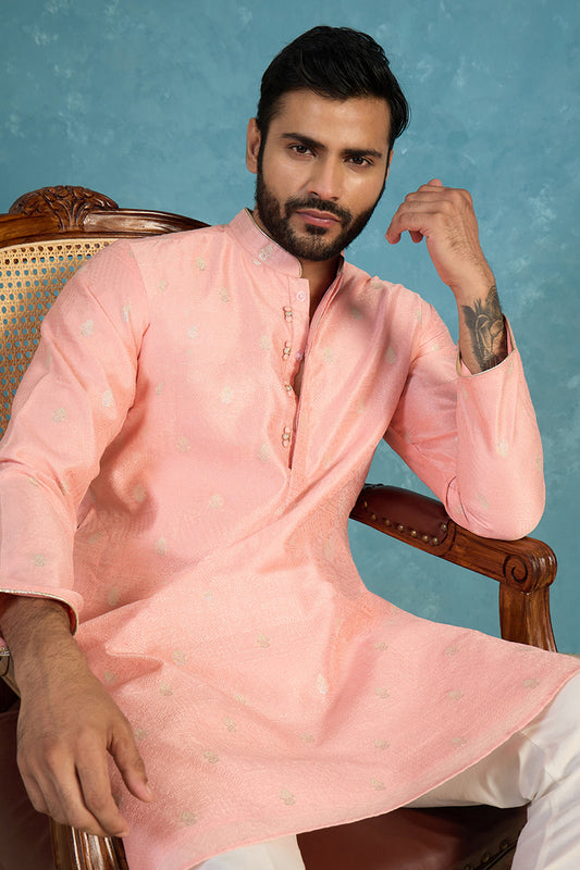 Ethnic Bay Mens Pink Jacquard Ethnic Motifs Woven Design Kurta With Trouser MKSET2394
