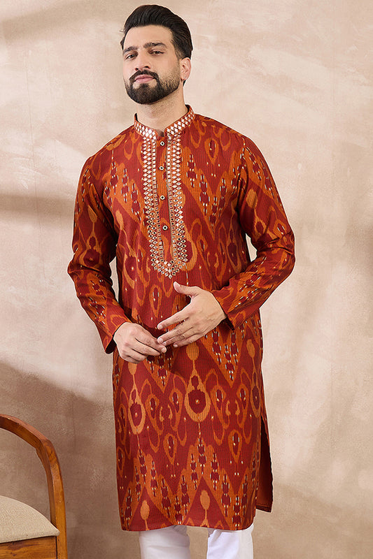 Orange Silk Blend Chevron Printed Straight Kurta With Trouser MKSET1964